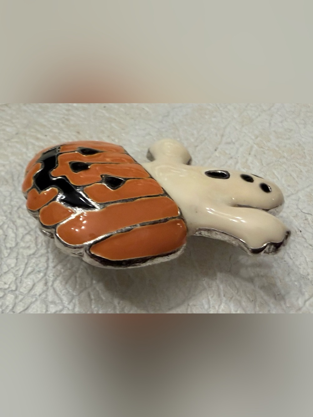 Halloween Ghost in Pumpkin enamel brooch - White and Orange - Picture 3 of 8